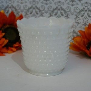 VTG 1950's Anchor Hocking Fire King Oven Ware Milk Glass Hobnail Planter Pot